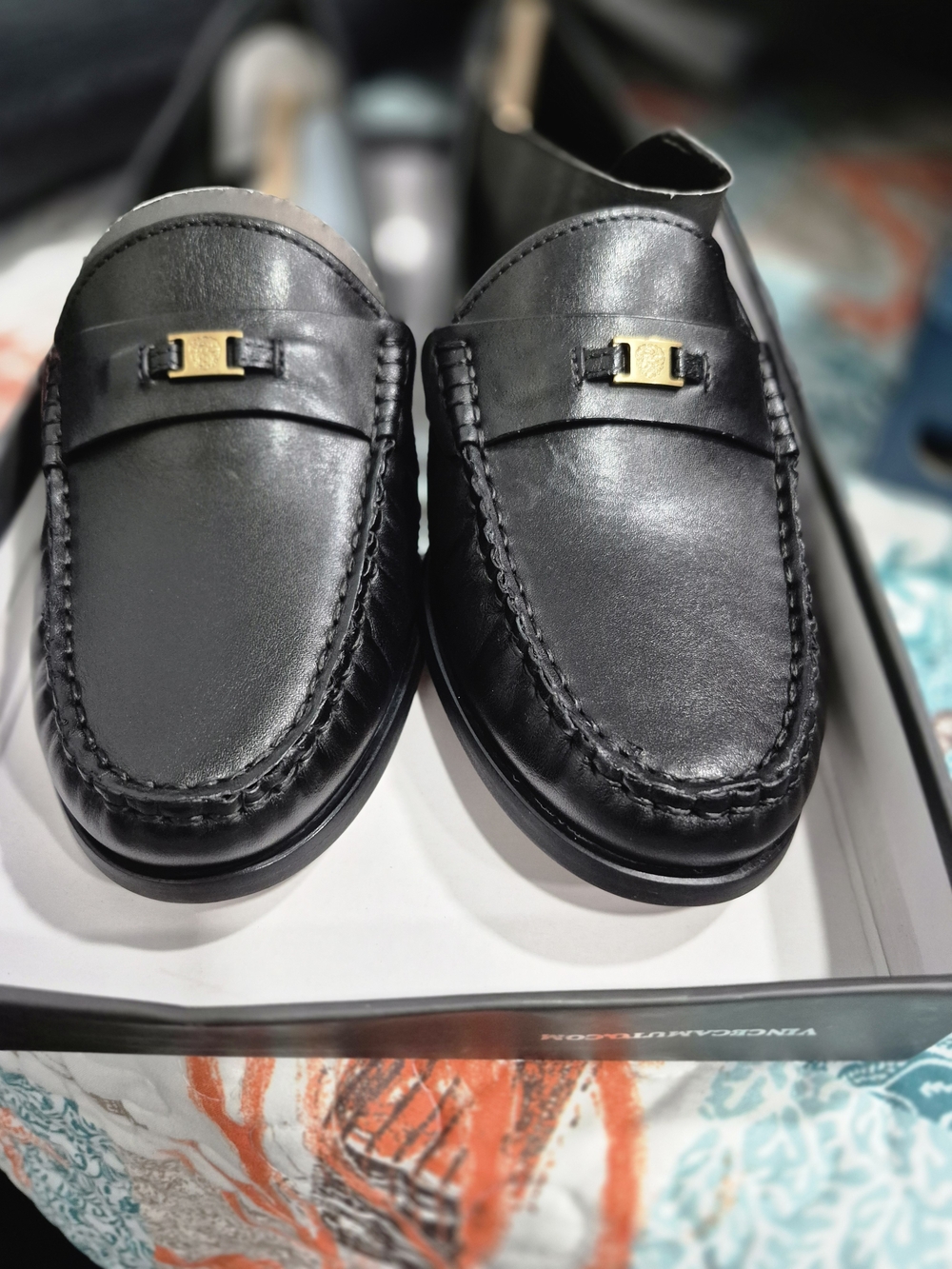 NWT Vince Camuto Black Leather Women's Penny Loafers with Gold Accent